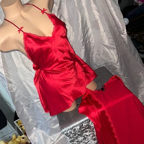 Victoria's Secret, Intimates & Sleepwear, Victoria Secret 2 Piece Set  Pajama Silk Satin Dress And Robe Coverup Bows Red